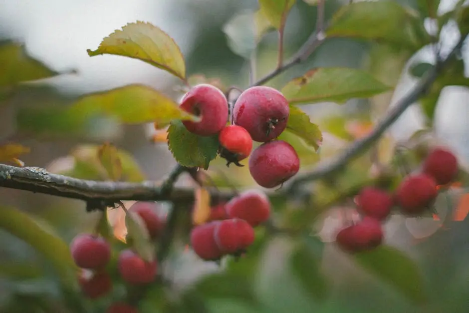 A close-up of bright red apples hanging on a tree branch with lush green leaves, evoking a sense of autumn.